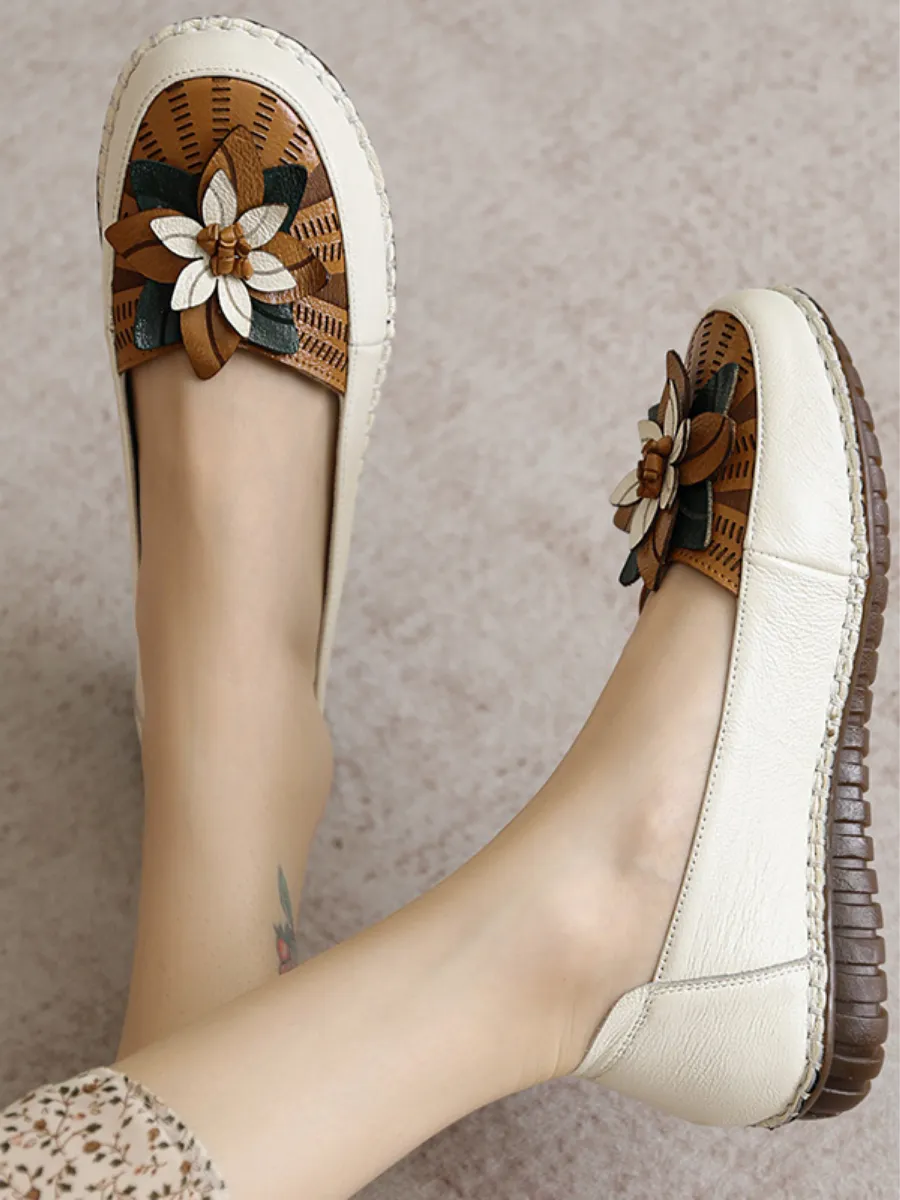 Applique Flower Head-Accent Loafers - Cream