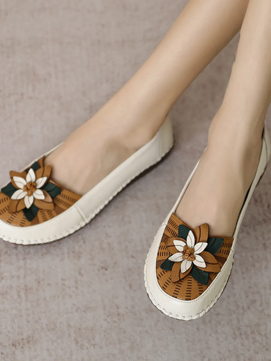 Applique Flower Head-Accent Loafers - Cream