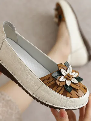 Applique Flower Head-Accent Loafers - Cream