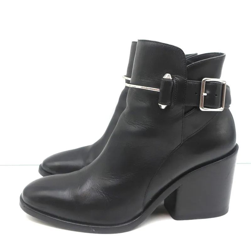 Balenciaga Metal Bar Ankle Boots Black Leather Size 38.5 Chunky Heel Booties
