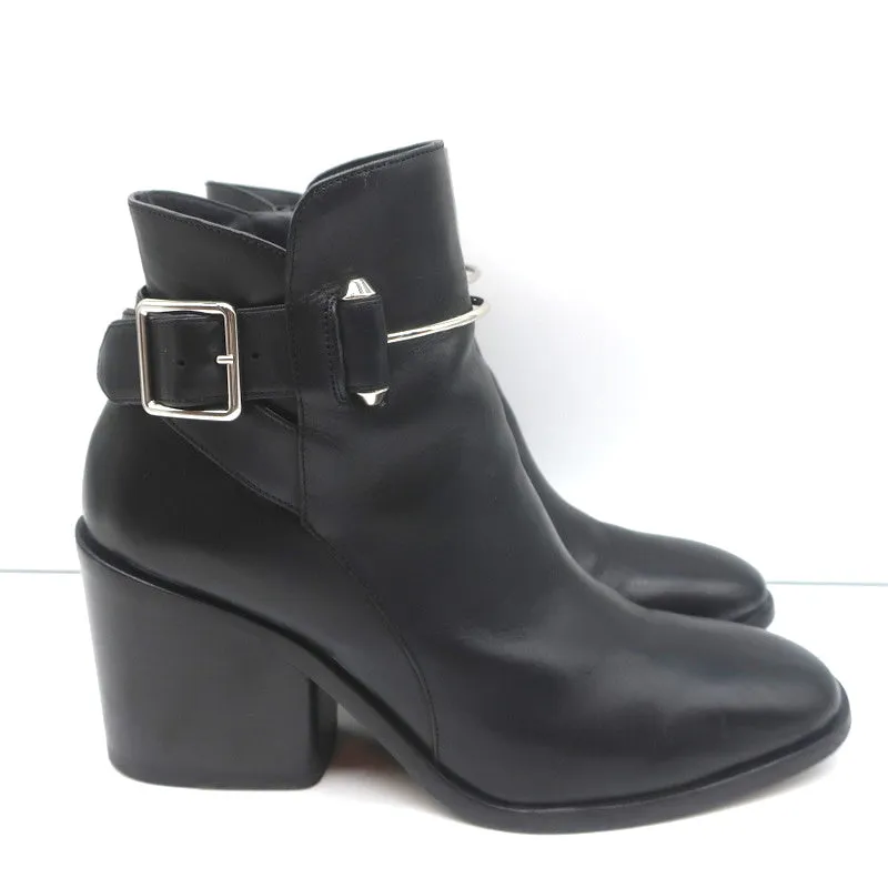 Balenciaga Metal Bar Ankle Boots Black Leather Size 38.5 Chunky Heel Booties
