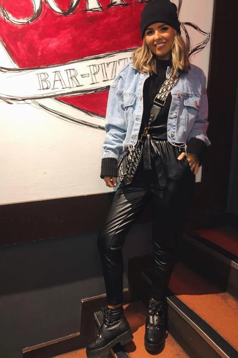 Black Faux Leather Tie Waist Tapered Trousers - Calina
