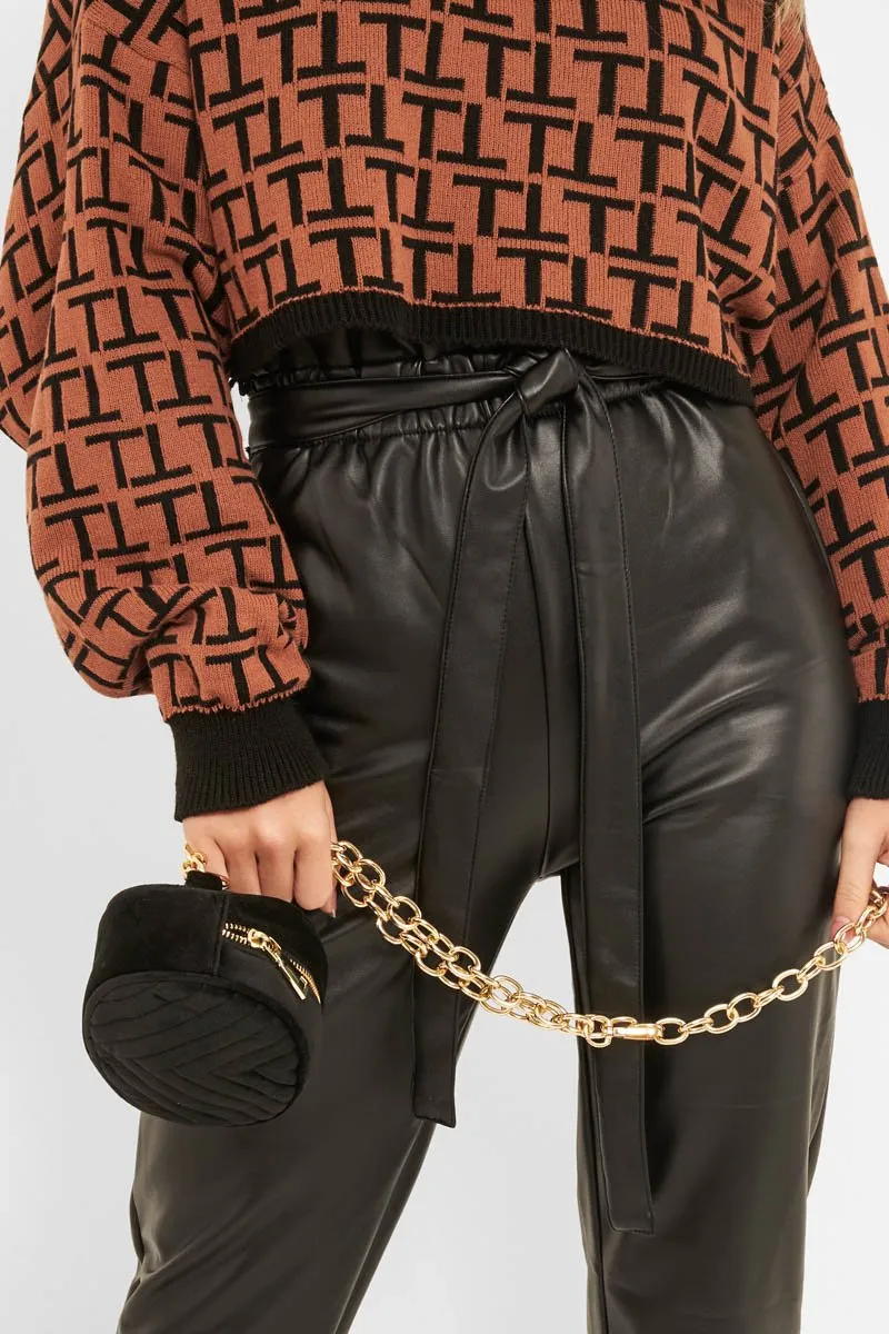 Black Faux Leather Tie Waist Tapered Trousers - Calina