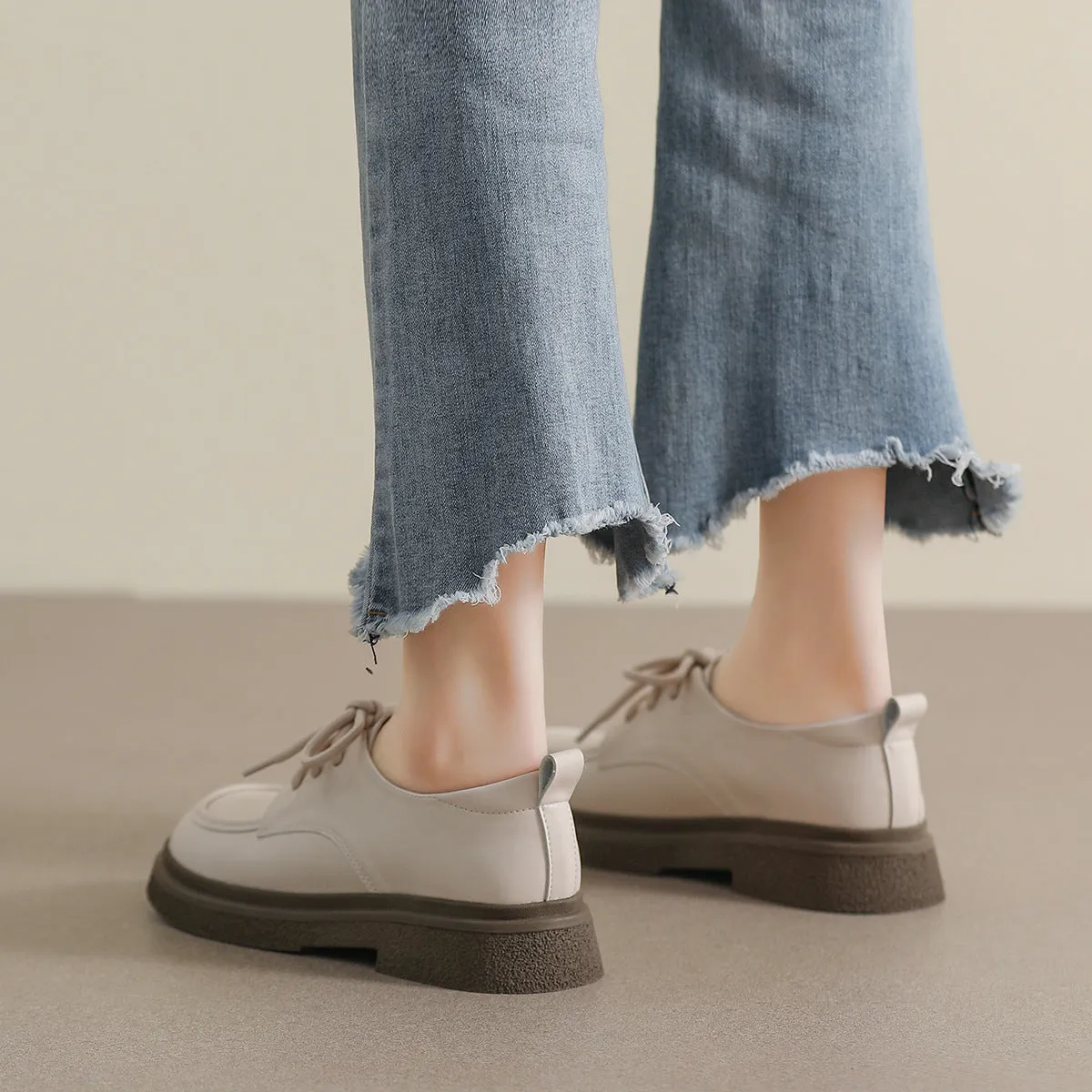 Black Lace-up Small Leather Shoes for Women Thick-soled Retro Soft-soled Loafers