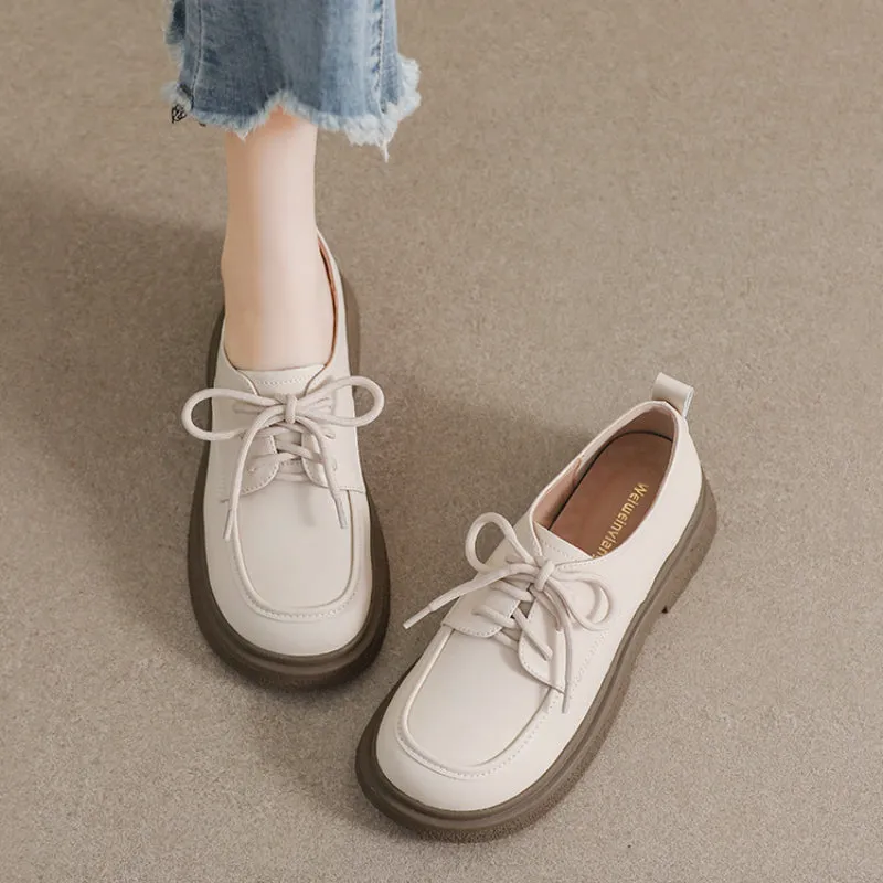Black Lace-up Small Leather Shoes for Women Thick-soled Retro Soft-soled Loafers