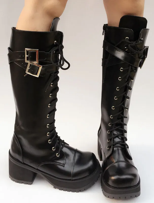 Black Lolita Boots Platform Chunky Heel Lace Up Cross Front Buckle Round Toe Lolita Short Boots