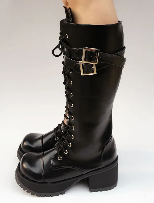 Black Lolita Boots Platform Chunky Heel Lace Up Cross Front Buckle Round Toe Lolita Short Boots