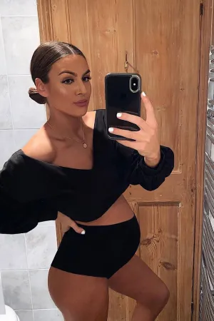 Black Plunge off Shoulder Cropped Sweatshirt - Zarah