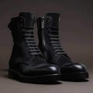 Black Suede Leather Oriella Lace Up Chunky Derby Boots with Zipper and Track Sole - Boots