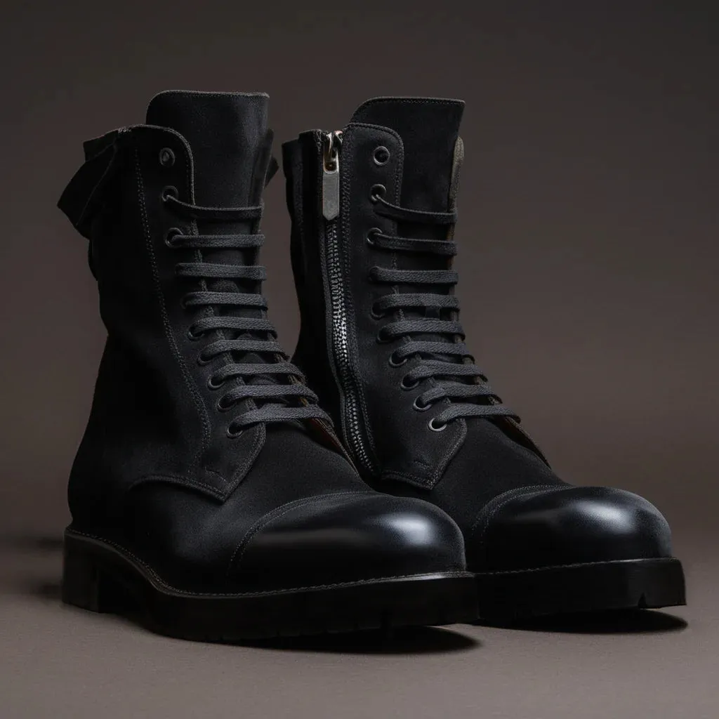 Black Suede Leather Oriella Lace Up Chunky Derby Boots with Zipper and Track Sole - Boots