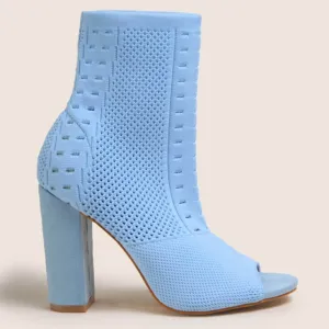 Blue Chunky Heel Knitted Ankle Boots