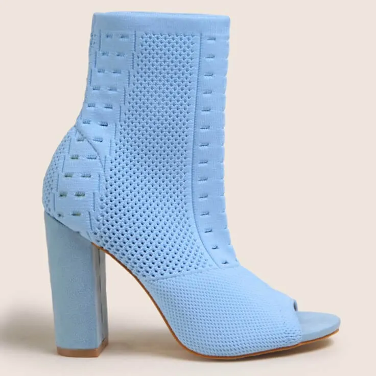 Blue Chunky Heel Knitted Ankle Boots