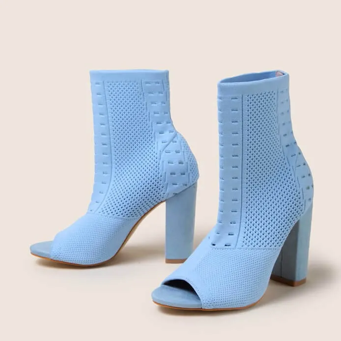 Blue Chunky Heel Knitted Ankle Boots