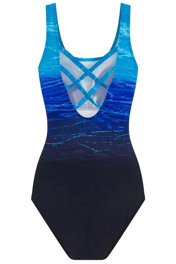 Blue Gradient Criss Cross Back One Piece Swimsuit