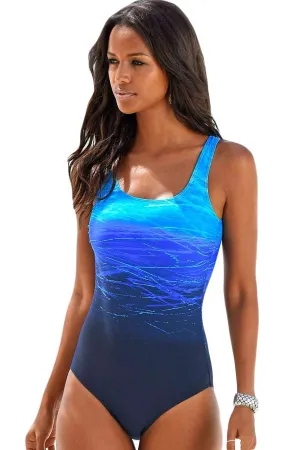 Blue Gradient Criss Cross Back One Piece Swimsuit