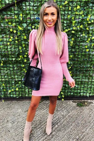 Blush High Neck Balloon Sleeve Knitted Dress - Ginna