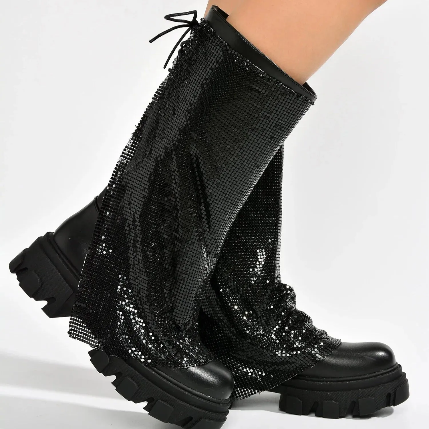 BONIKA Faux Leather Chainmail Sleeve Boot - Chunky Lug Sole & Heel, Approx. 2"