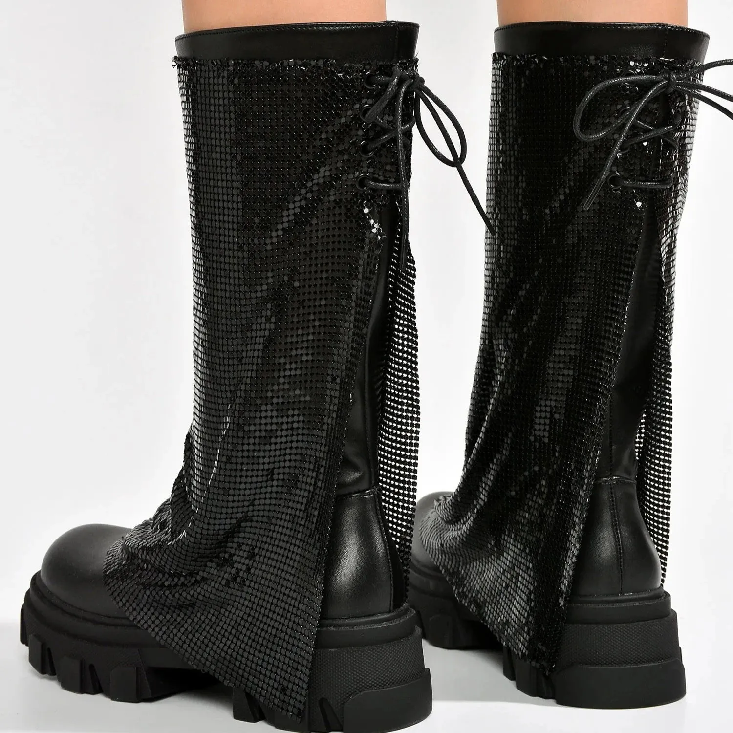 BONIKA Faux Leather Chainmail Sleeve Boot - Chunky Lug Sole & Heel, Approx. 2"