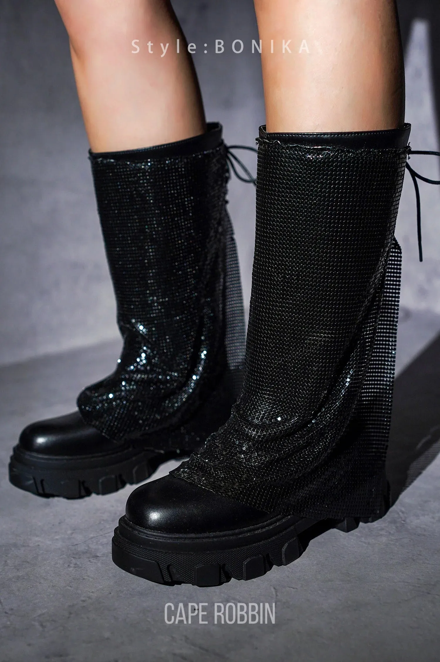BONIKA Faux Leather Chainmail Sleeve Boot - Chunky Lug Sole & Heel, Approx. 2"
