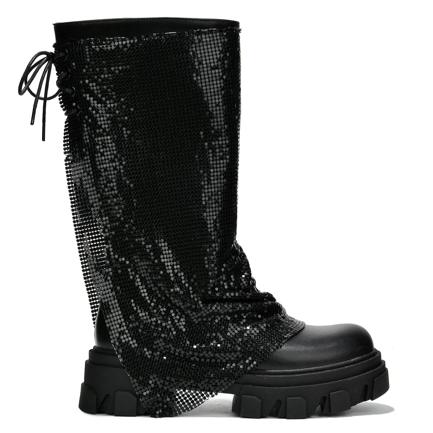 BONIKA Faux Leather Chainmail Sleeve Boot - Chunky Lug Sole & Heel, Approx. 2"