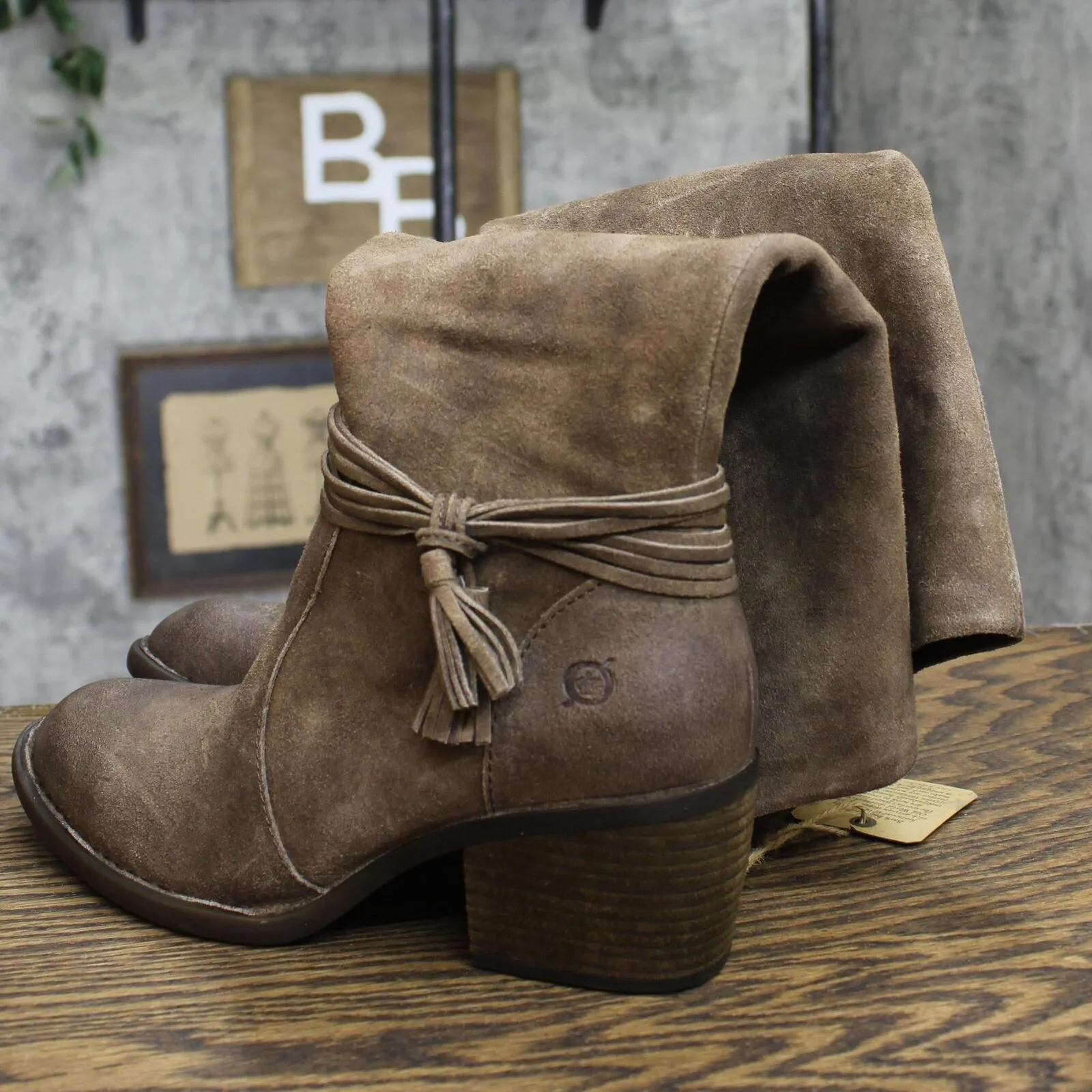 Born Womens Quinn Tassel Leather Mid-Calf Boots Taupe Distressed Brown 7M
