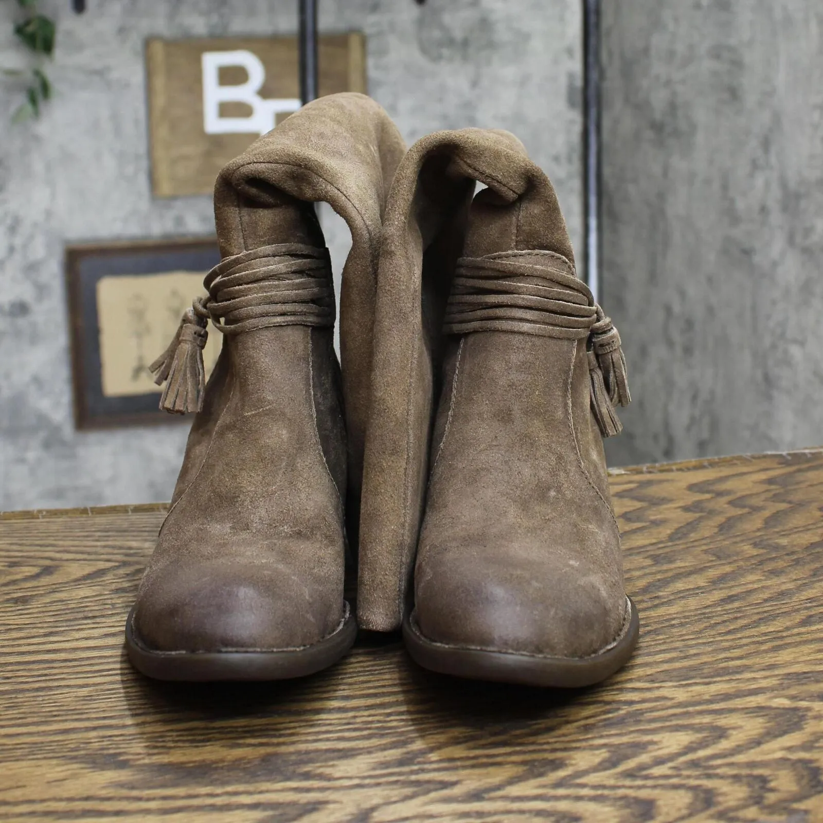 Born Womens Quinn Tassel Leather Mid-Calf Boots Taupe Distressed Brown 7M