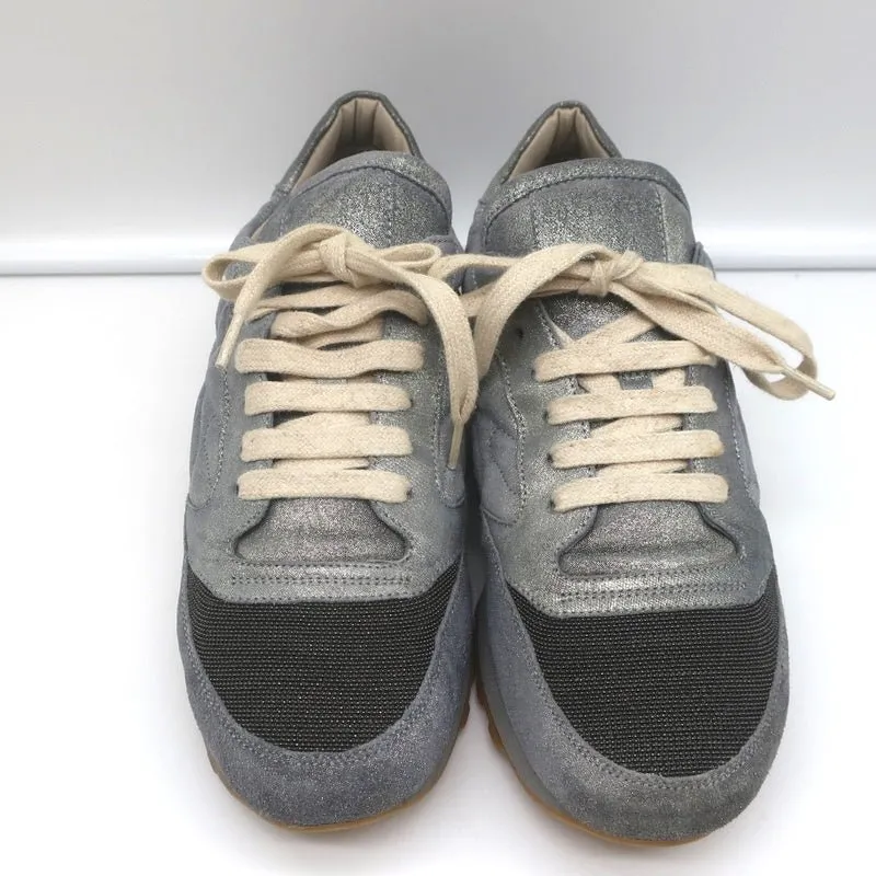 Brunello Cucinelli Monili Runner Sneakers Blue Metallic Leather Size 41