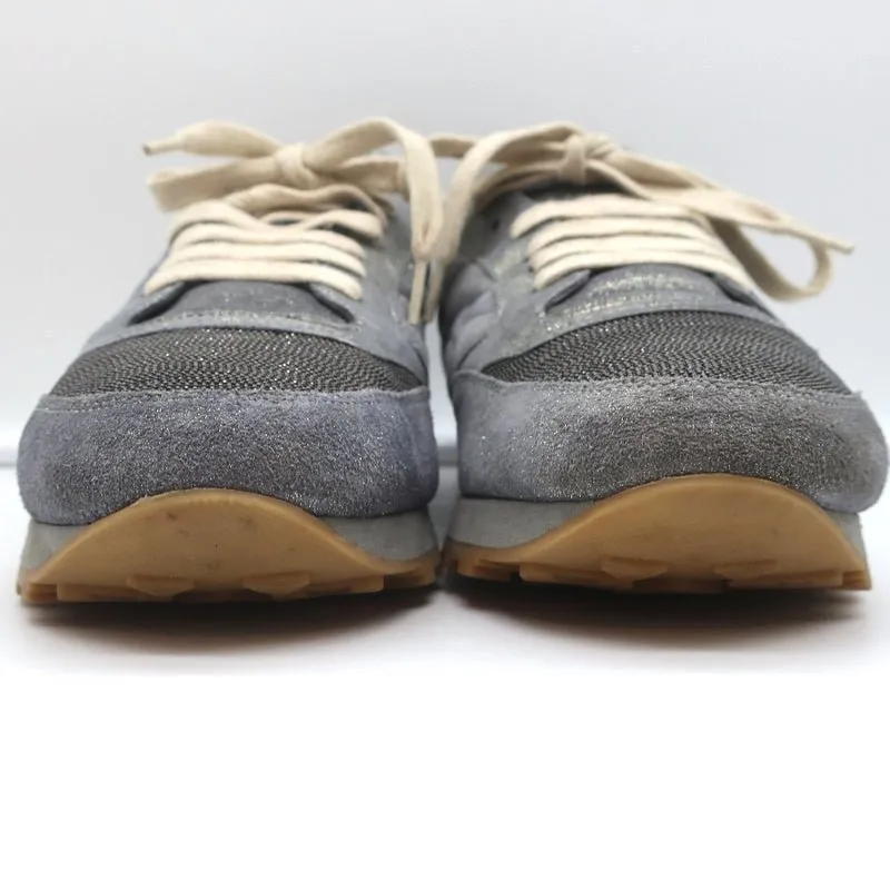 Brunello Cucinelli Monili Runner Sneakers Blue Metallic Leather Size 41