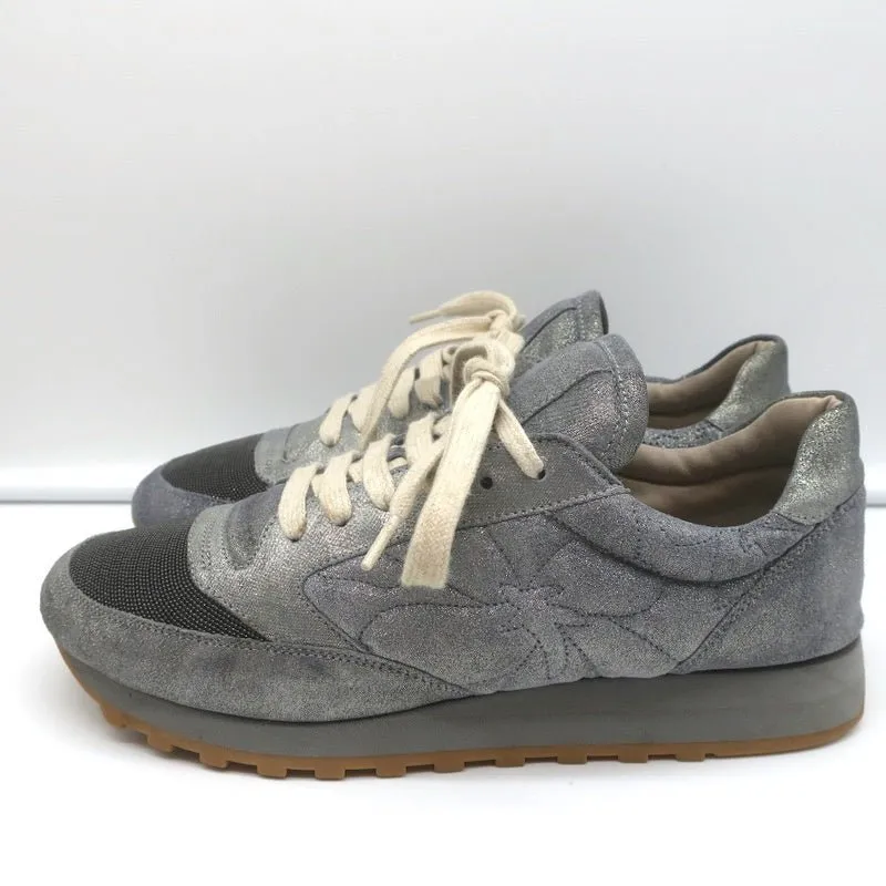 Brunello Cucinelli Monili Runner Sneakers Blue Metallic Leather Size 41