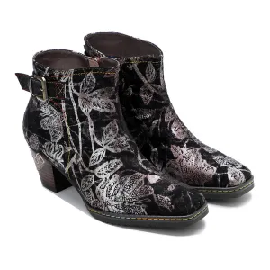 Buckle Strappy Silver Floral Velvet Ankle Boots Heel Boots -Soffia