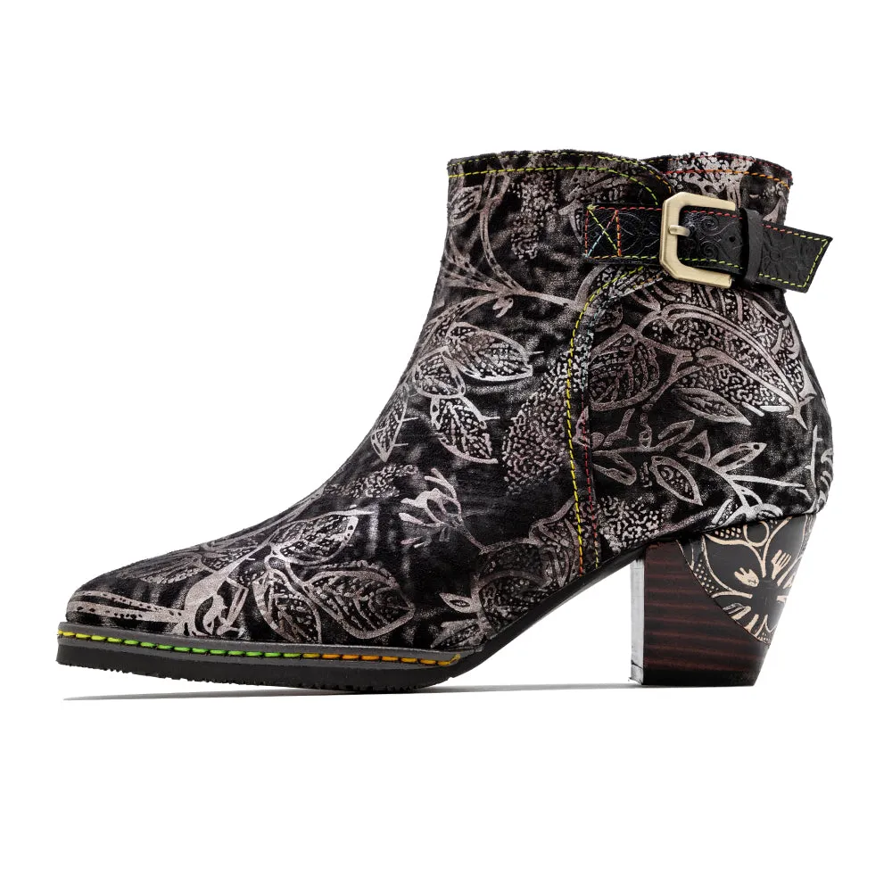 Buckle Strappy Silver Floral Velvet Ankle Boots Heel Boots -Soffia