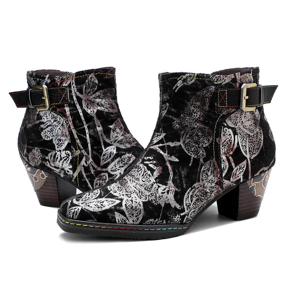 Buckle Strappy Silver Floral Velvet Ankle Boots Heel Boots -Soffia