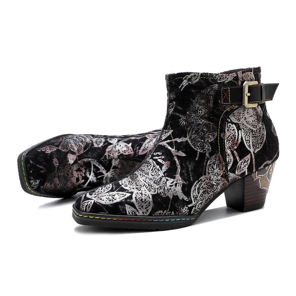 Buckle Strappy Silver Floral Velvet Ankle Boots Heel Boots -Soffia