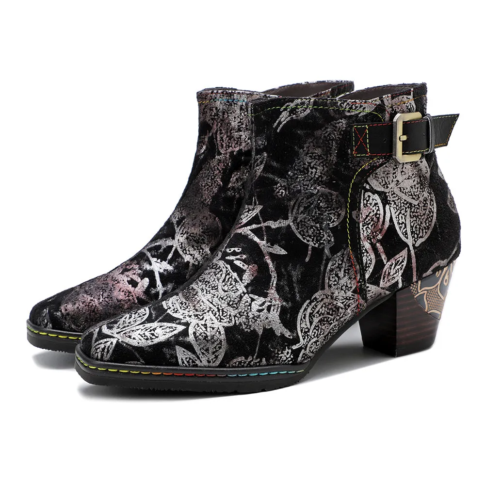 Buckle Strappy Silver Floral Velvet Ankle Boots Heel Boots -Soffia