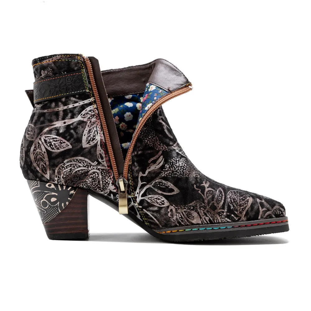 Buckle Strappy Silver Floral Velvet Ankle Boots Heel Boots -Soffia