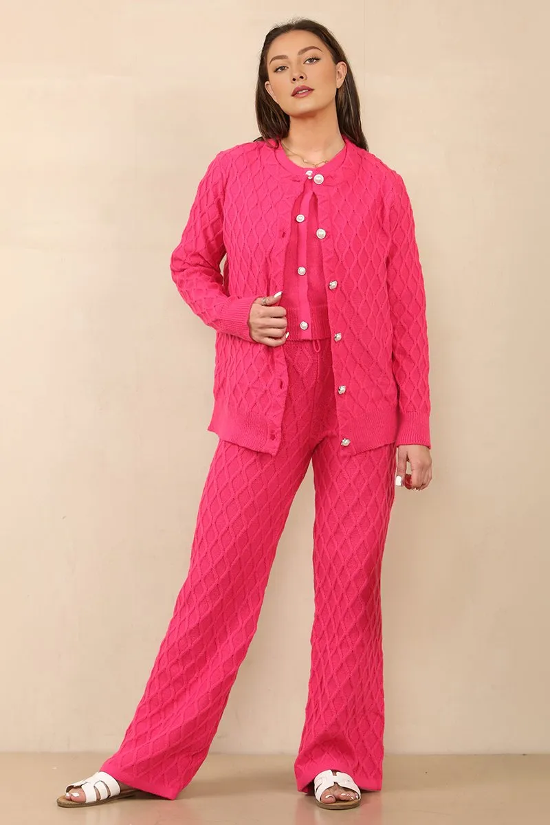 Casual Textured Long Sleeve Cardigan & Drawstring Waist Trousers With Knit Tank Three-Piece Sets