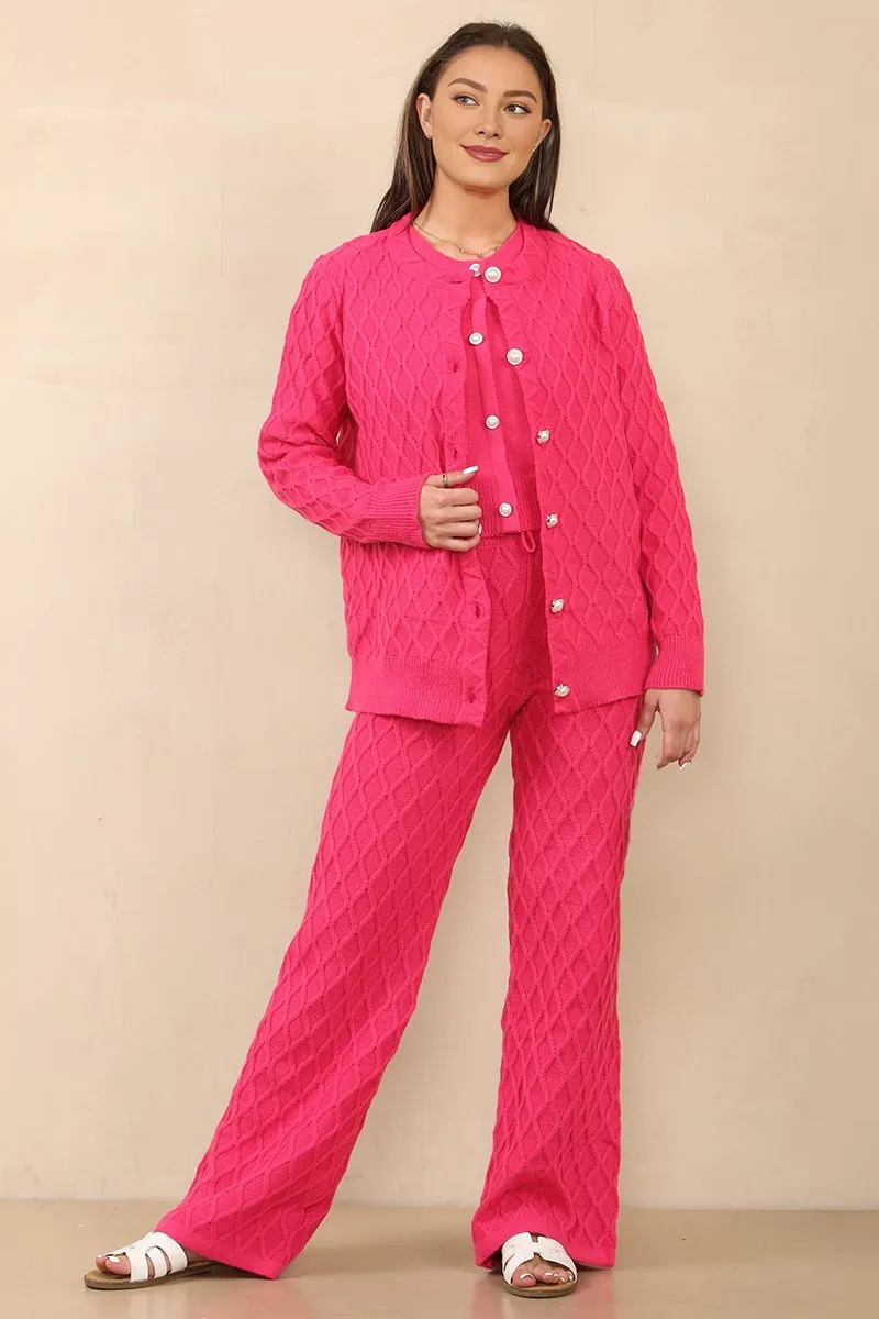 Casual Textured Long Sleeve Cardigan & Drawstring Waist Trousers With Knit Tank Three-Piece Sets