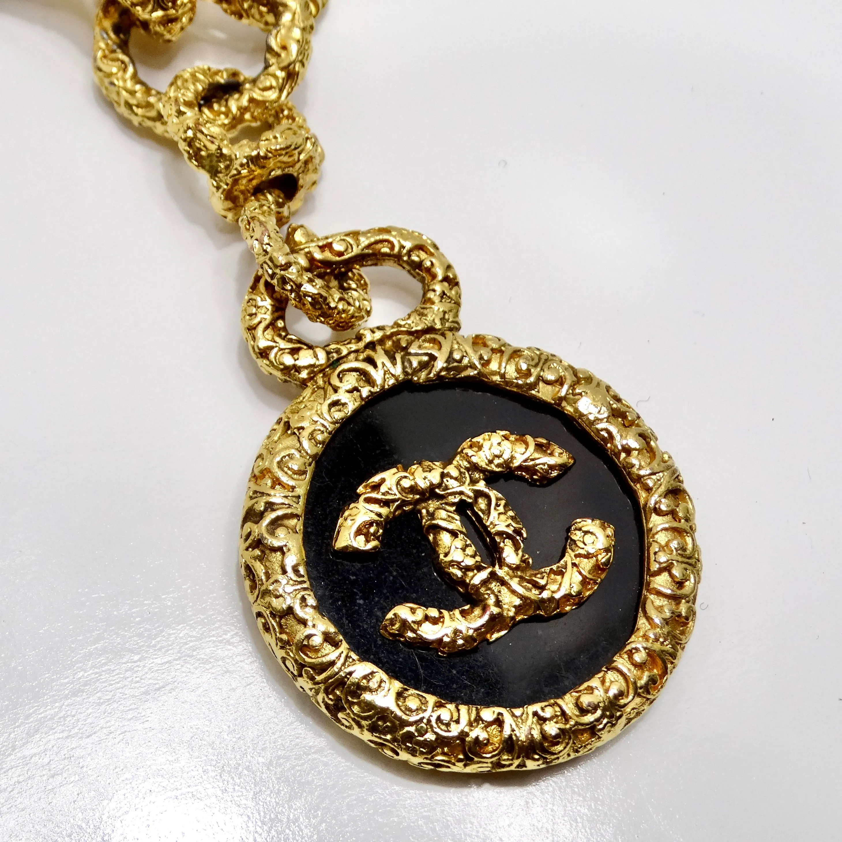 Chanel 1993 Gold Tone Black CC Medallion Florentine Necklace