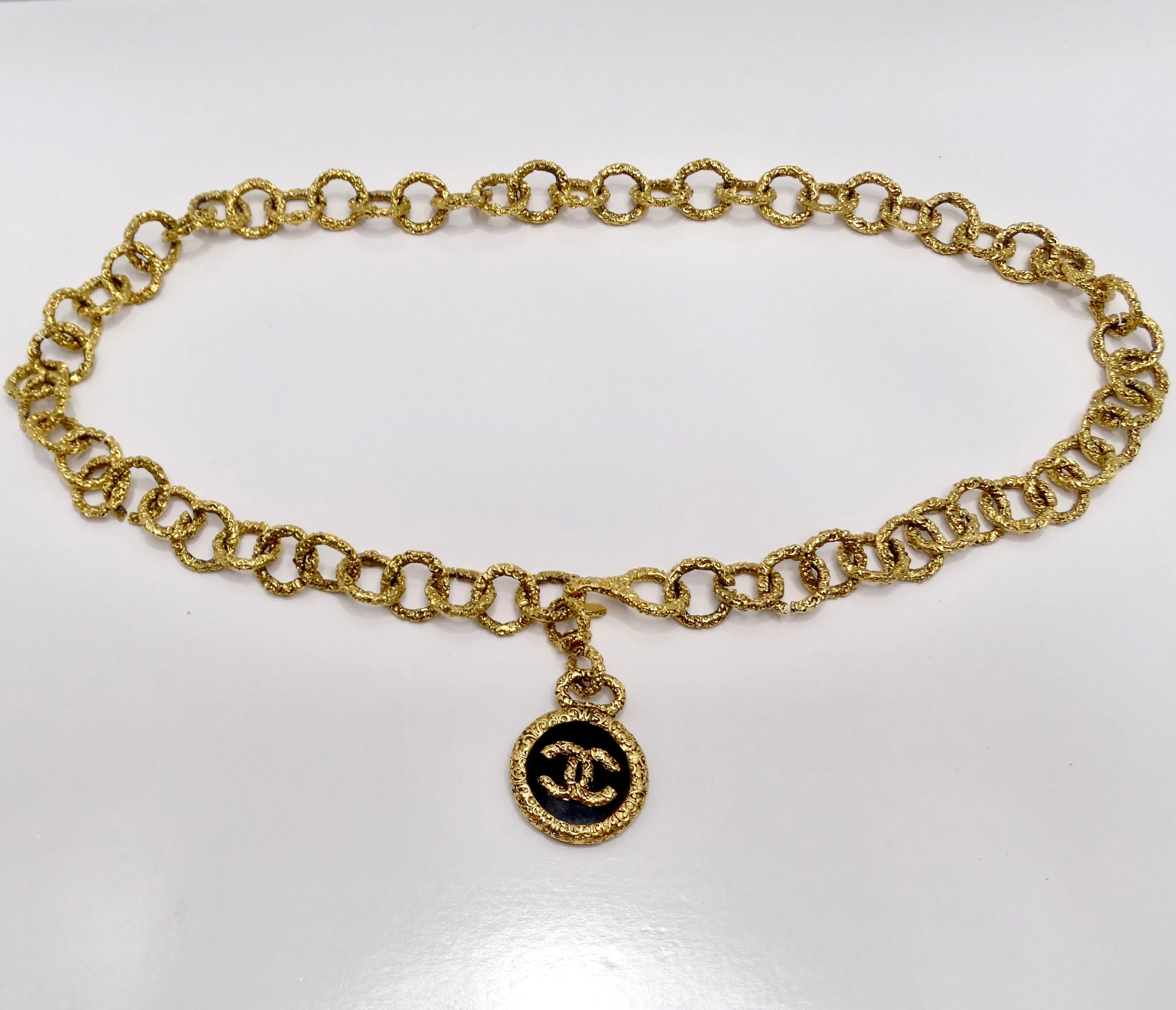Chanel 1993 Gold Tone Black CC Medallion Florentine Necklace