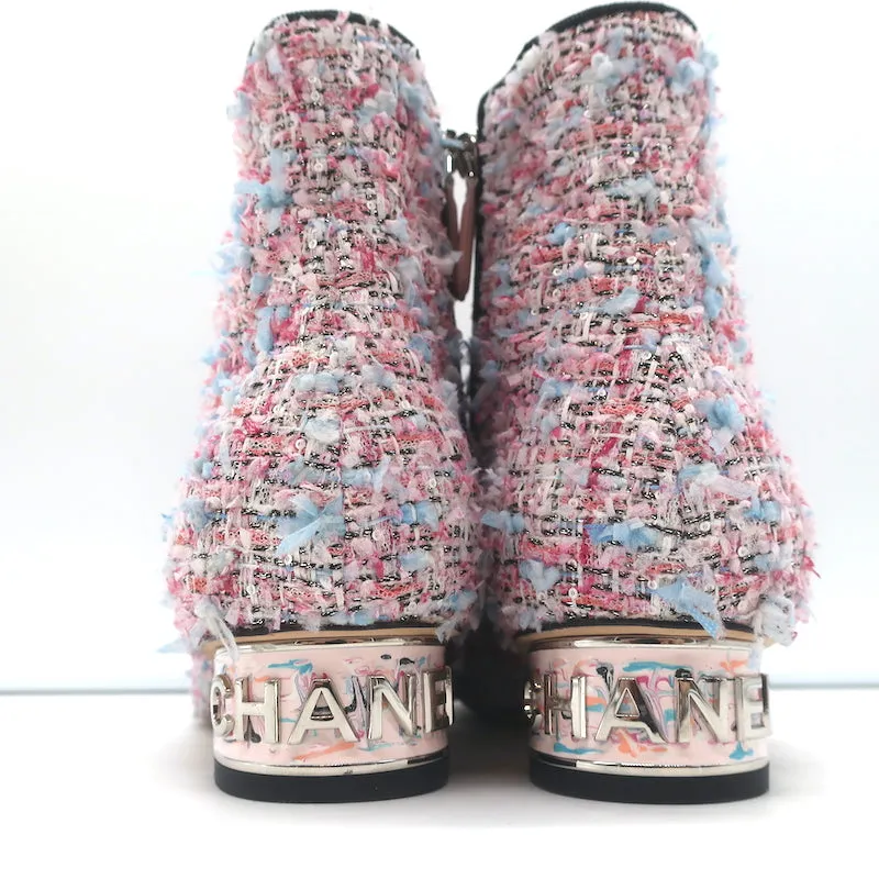 Chanel CC Grosgrain Cap Toe Tweed Ankle Boots Pink/Black Size 38