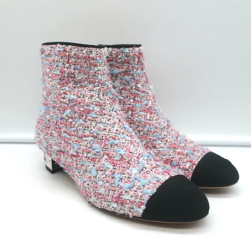 Chanel CC Grosgrain Cap Toe Tweed Ankle Boots Pink/Black Size 38