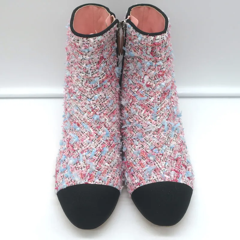 Chanel CC Grosgrain Cap Toe Tweed Ankle Boots Pink/Black Size 38