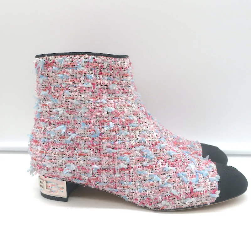 Chanel CC Grosgrain Cap Toe Tweed Ankle Boots Pink/Black Size 38