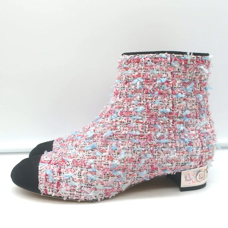 Chanel CC Grosgrain Cap Toe Tweed Ankle Boots Pink/Black Size 38