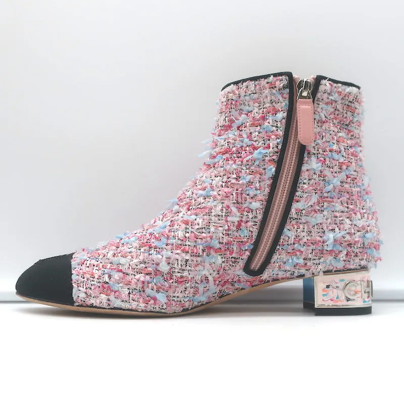 Chanel CC Grosgrain Cap Toe Tweed Ankle Boots Pink/Black Size 38