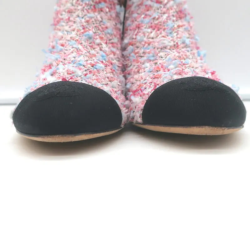 Chanel CC Grosgrain Cap Toe Tweed Ankle Boots Pink/Black Size 38