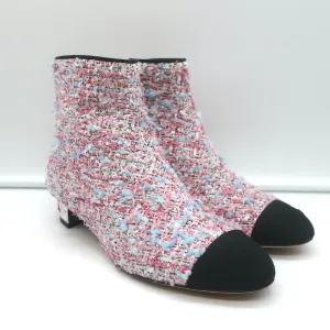 Chanel CC Grosgrain Cap Toe Tweed Ankle Boots Pink/Black Size 38