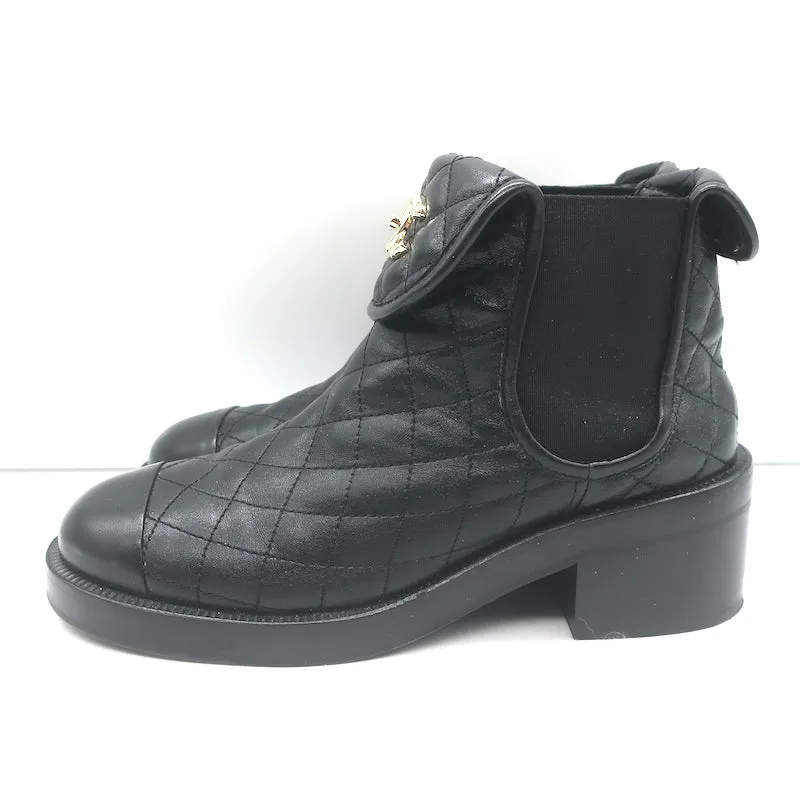 Chanel CC Turn Lock Fold-Over Ankle Boots Black Quilted Leather Size 36.5