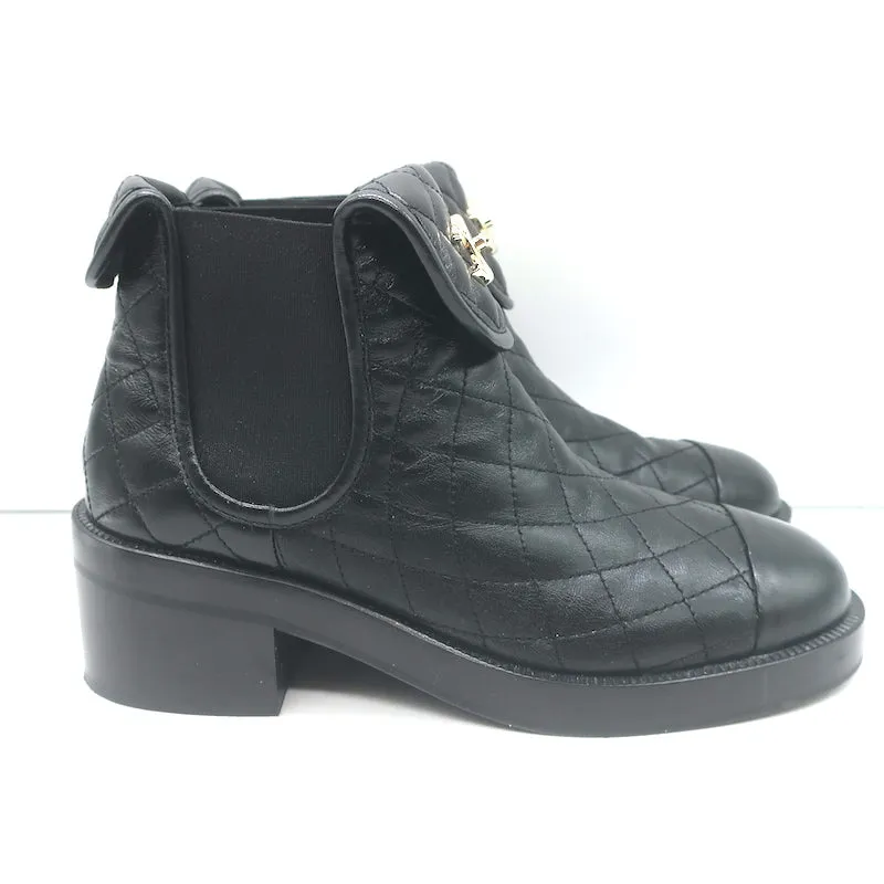 Chanel CC Turn Lock Fold-Over Ankle Boots Black Quilted Leather Size 36.5