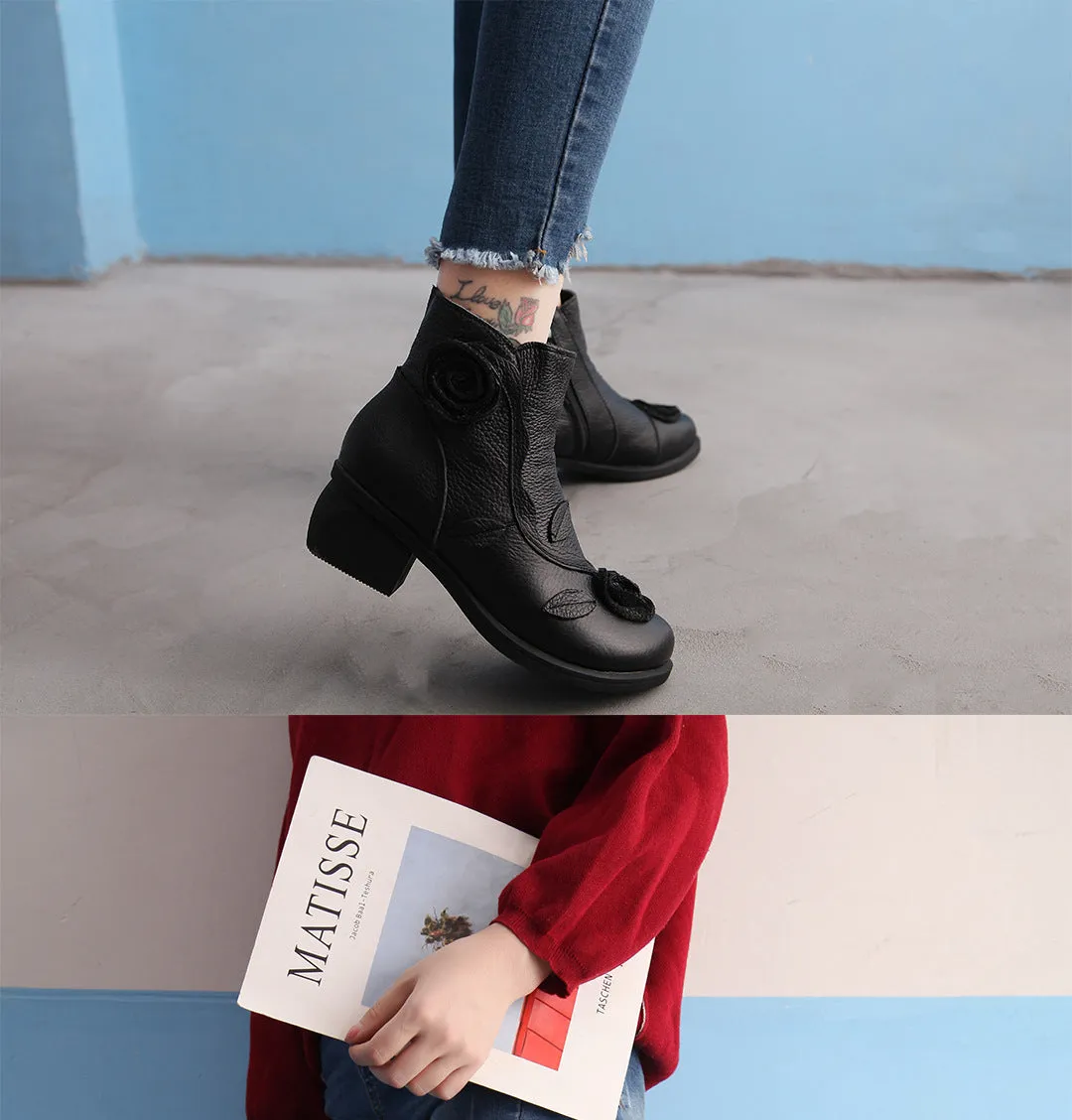 Chunky Heel Leather Martin Boots Hand Stitched Floral Ankle Boots